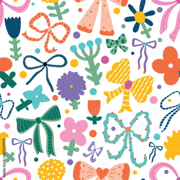 Fototapeta Seamless pattern with various cute bow knots, gift ribbons and flowers. Hand drawn vector illustration. Can be used in textile industry, paper, background, scrapbooking.