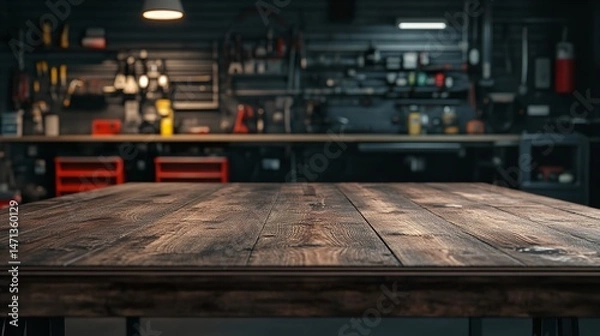 Obraz Rustic Wooden Table in a Dark Workshop Tools Crafts Background