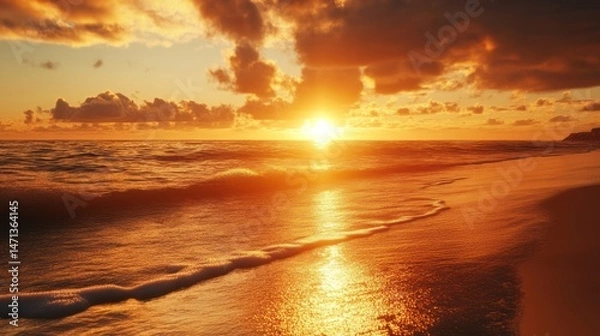 Obraz Golden sunset over a tranquil ocean shore.