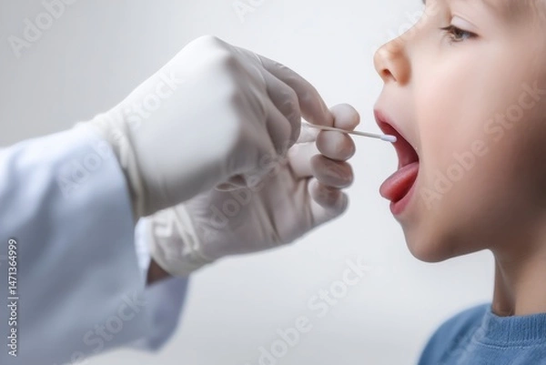 Fototapeta Health professional conducts throat test on child in clinic during routine check-up