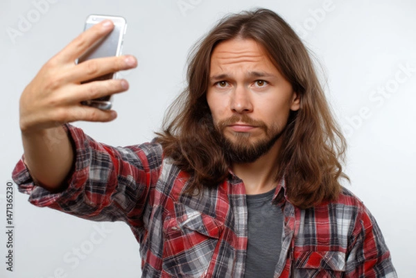 Obraz Young man with long hair taking a selfie in casual attire against a light background