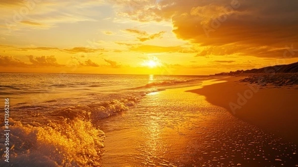 Obraz Golden sunset over a tranquil beach scene.