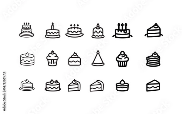 Obraz Happy birthday cake line icon set