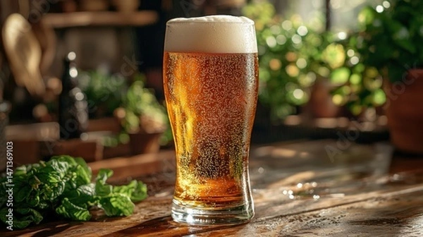 Obraz A refreshing glass of light beer with a foamy head sits on a wooden table, complemented by fresh green herbs and a bright, sunlit background in a kitchen.
