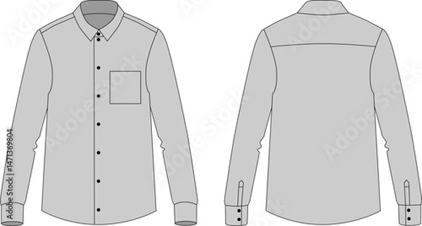Fototapeta Detailed technical drawing of men's shirt with a pointed collar, long sleeves, front fastening and two chest pockets. Front and back view. Vector technical drawing.