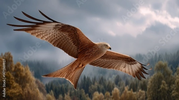 Obraz A kite resembling a majestic bird soars gracefully above a dense forest, blending seamlessly with a tranquil, cloudy sky on a bright day.