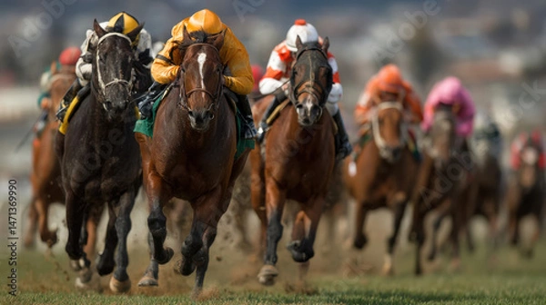 Fototapeta Intense Horse Race Jockeys and Thoroughbreds in a Close Up Action Shot