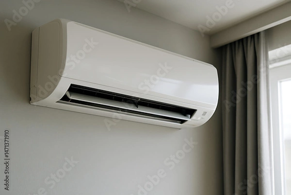 Fototapeta 壁に設置されたルームエアコンのクローズアップと通風口のディテール