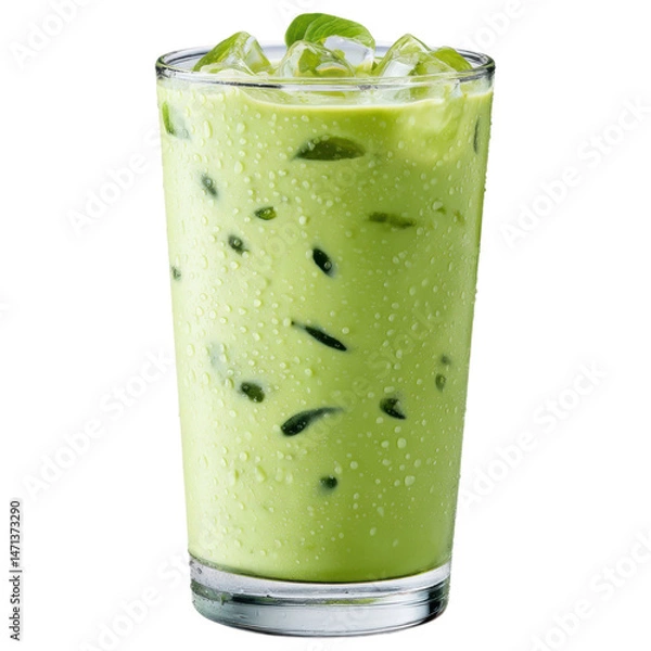 Obraz isolated transparent Background. Iced matcha latte in clear glass with condensation and ice cubes, refreshing cold drink