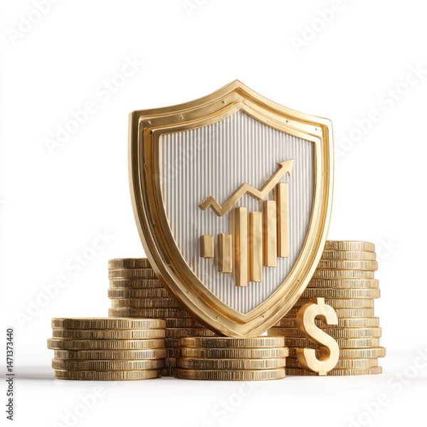 Fototapeta A golden shield with a financial graph on top of stacked coins.