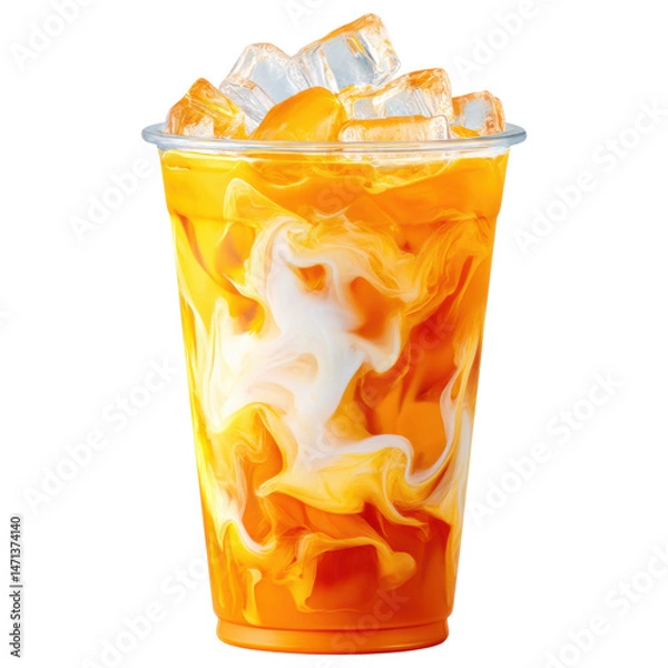 Obraz isolated transparent Background. Iced Thai milk tea with creamy swirls in clear plastic cup, refreshing and vibrant