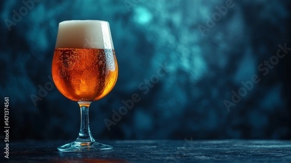 Obraz A beautifully lit glass of amber beer with a foamy head sits on a dark surface, ready to be enjoyed against a moody blue bokeh background in a bar setting.