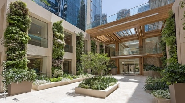 Obraz Modern green building featu vertical gardens and sustainable design, showcasing eco-friendly architecture in an urban environment.