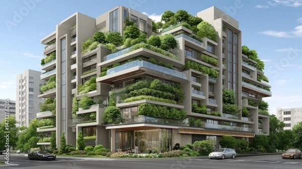 Obraz Eco-friendly modern green building showcases lush vertical gardens adhe to environmental standards with sustainable design innovations in urban