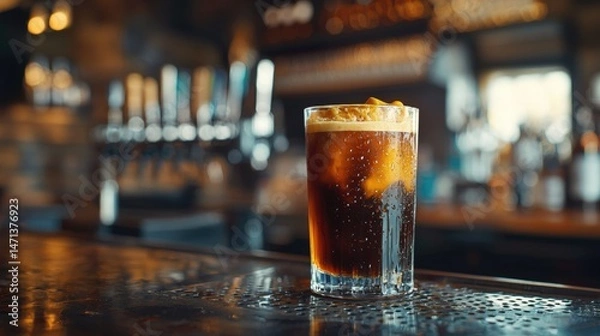 Obraz A refreshing dark beverage with ice sits on a wet bar top, illuminated by the soft ambient lighting of a blurred background bar creating a cool ambiance.