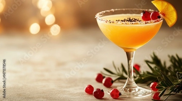 Fototapeta A beautifully garnished orange cocktail in a coupe glass sits among fresh cranberries and evergreen sprigs with a soft bokeh background creating a festive atmosphere.