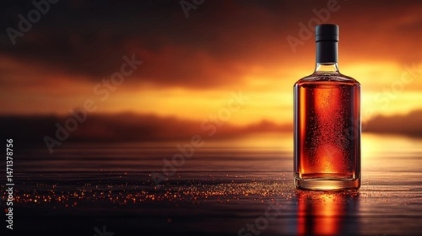 Obraz A glass bottle filled with amber liquid stands elegantly against a backdrop of a fiery sunset over a calm body of water, creating a warm and inviting scene.