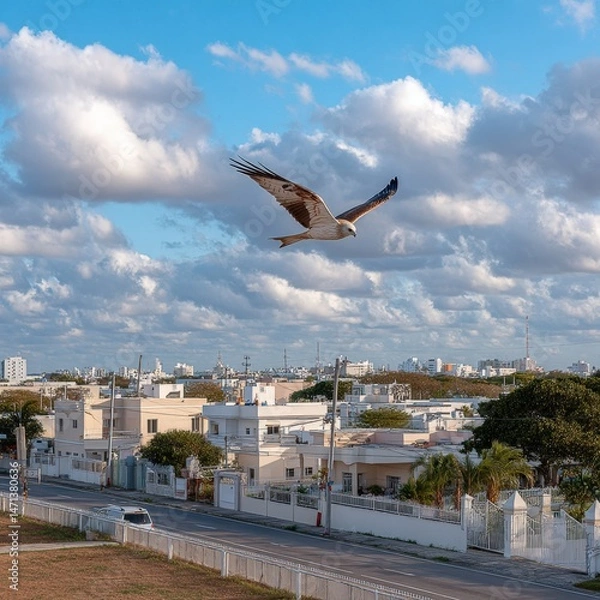 Obraz A single kite soars above the rooftops of an urban city below a cloudy blue sky, blending urban meets nature, a peaceful standard view