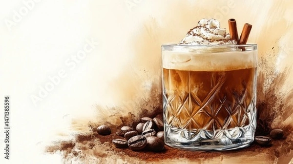 Obraz A visually appealing glass of espresso coffee drink with cream, coffee beans, and cinnamon sticks evokes a cozy atmosphere with painted-style background art.