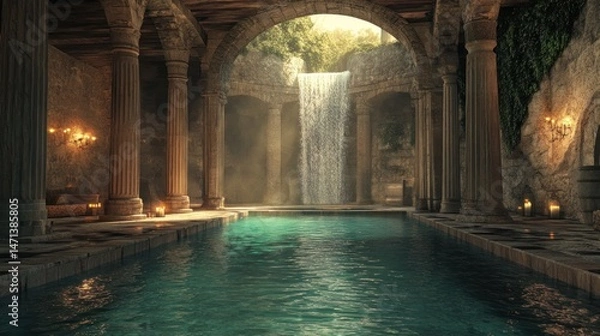 Obraz Ancient Roman Pool with Waterfall: A Serene Escape