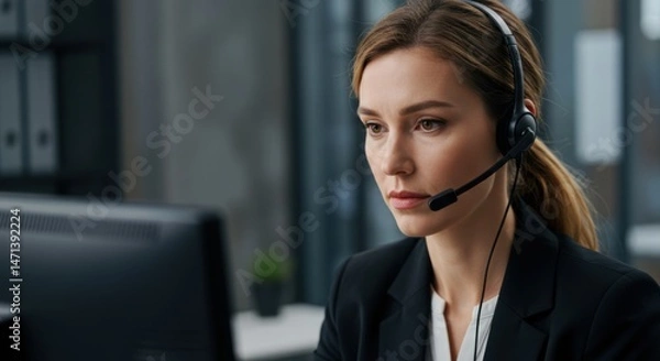 Obraz Focused female customer service representative on headset