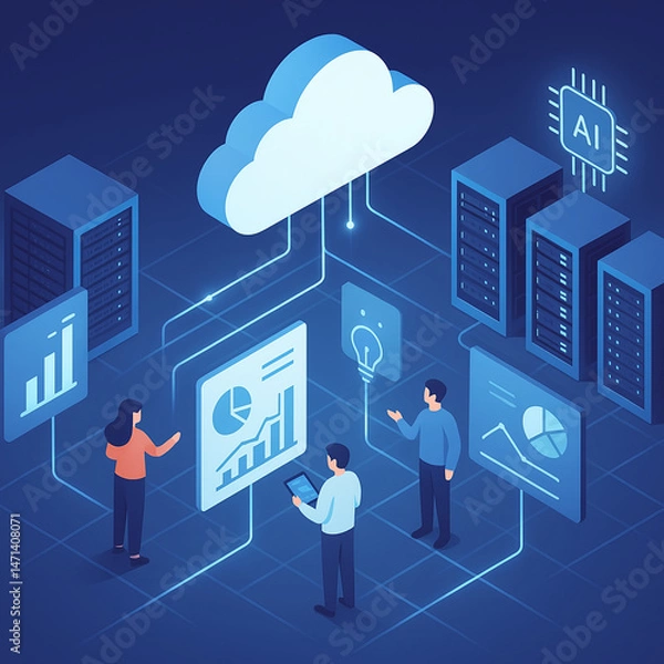 Fototapeta Isometric tech illustration of a futuristic cloud data center with glowing lines, server racks, AI icons, and people analyzing visual data panels in a digital, high-tech environment.