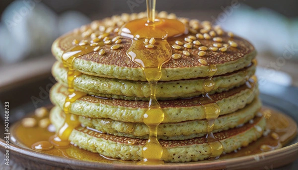 Obraz Golden honey cascading over fluffy pandan pancakes with toasted sesame seeds.