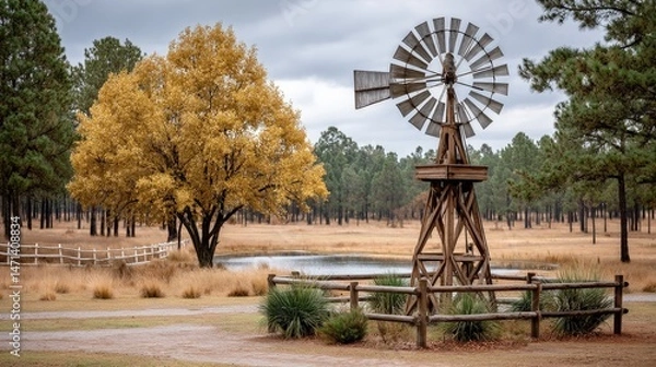 Obraz Antique windmill stands against autumn forest clea under overcast sky with foliage changing color in a scenic rural landscape scene today.