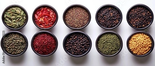 Obraz Colorful array of various spices in small bowls.