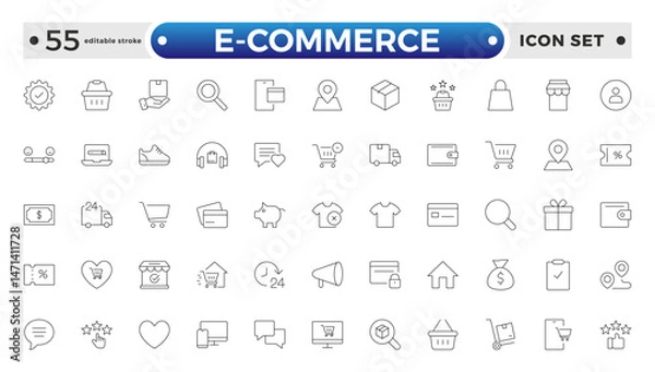 Fototapeta Shopping outline icon Set. Vibrant and engaging icons for enhancing e-commerce platforms, perfect for product listings, and cart management. Editable stroke outline icon.