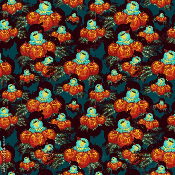 Fototapeta Turquoise bird and apples seamless pattern