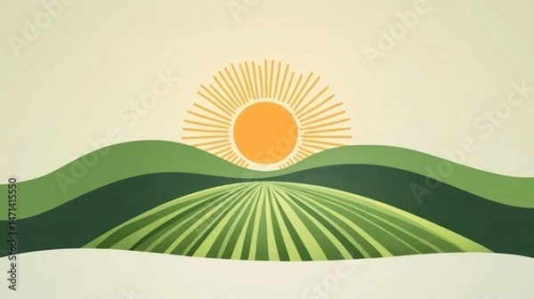 Obraz A vibrant organic farm logo with a rising sun and a crop field in a minimalist, modern design