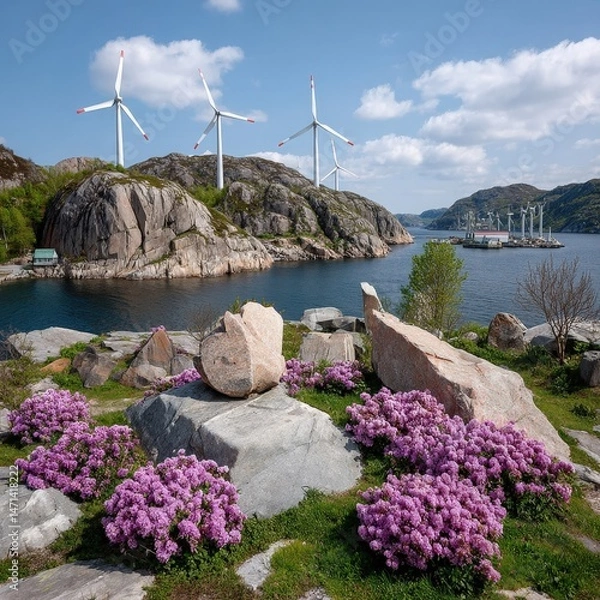 Obraz Coastal landscape featu vibrant wildflowers and wind turbines generating clean energy on a sunny day providing a sustainable energy solution.