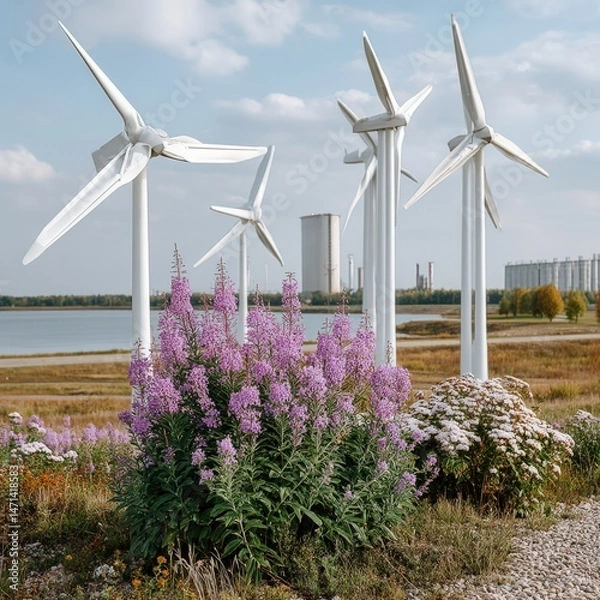Obraz Coastal landscape featu wildflowers and wind turbines generate clean energy against a backdrop of lake and cloudy sky in 2-standard v2-6x format.