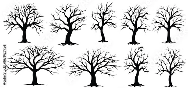 Obraz Black Silhouette of Different Tree Designs in a Minimalist Style vector illustration