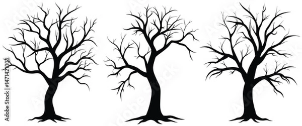 Obraz Black Branch Tree or Naked trees and root silhouettes set vector illustration
