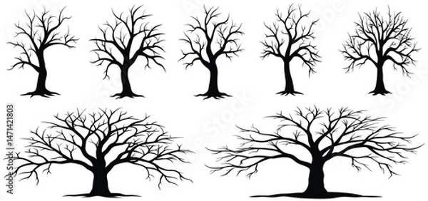 Obraz silhouette dead old leafless trees set isolated on white background. hallowed, scary, spooky, horror, death, winter vector