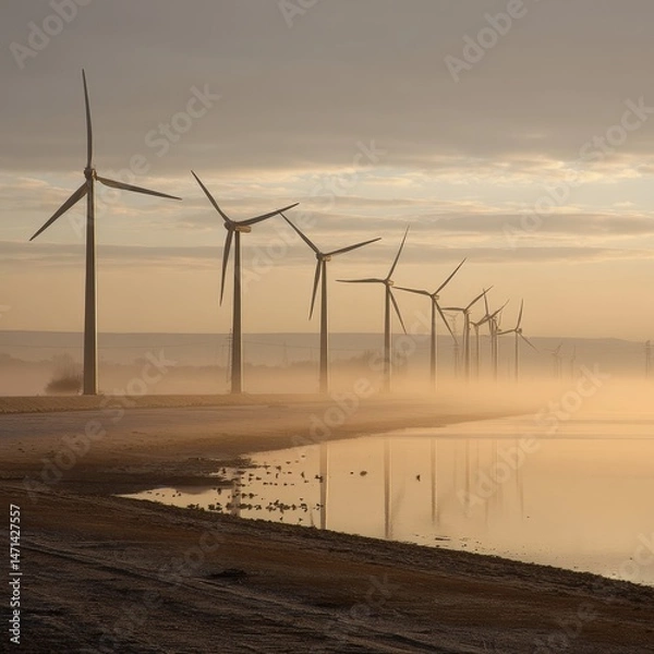 Obraz Early morning mist blankets the shore as wind turbines stand tall against the foggy horizon, a sustainable energy landscape at dawn.