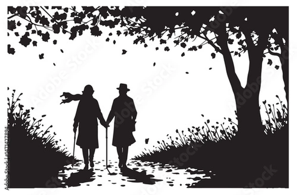 Fototapeta Heartwarming Silhouette of Elderly Couple Walking Hand in Hand Through Autumn Path