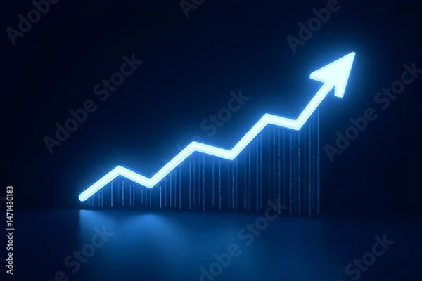 Fototapeta Glowing blue neon arrow pointing upwards showing growth trend on a dark background