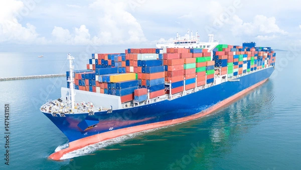 Obraz Aerial front view of a large cargo ship fully loaded with colorful shipping containers navigating through calm ocean water. Ideal for logistics, transport, and global trade concepts.
