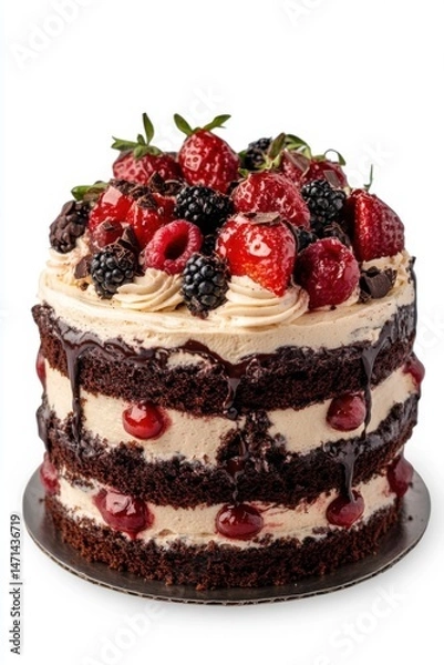 Obraz Delicious Layered Chocolate Cake with Fresh Berries and Cherries Studio Shot on White Background