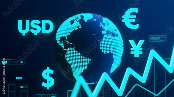 Obraz Global Finance: Currency Symbols and Earth Globe with Growth Charts