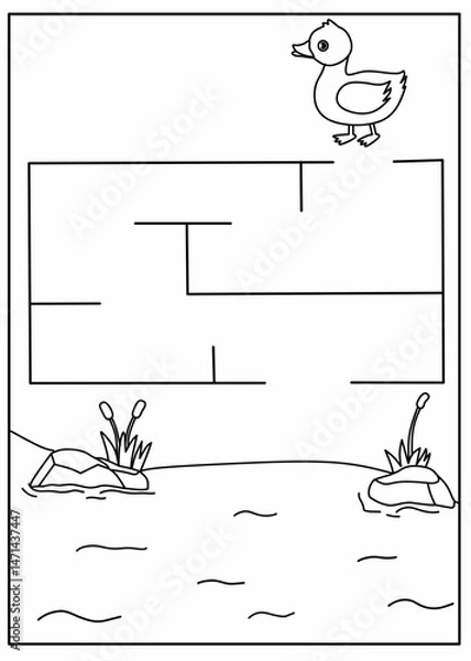 Obraz Help the duck to find its way through the path, Maze worksheet animals, duck activity, animal, animals, labyrinth activity for kids, balck and white maze printable for kindergarten, maze coloring page
