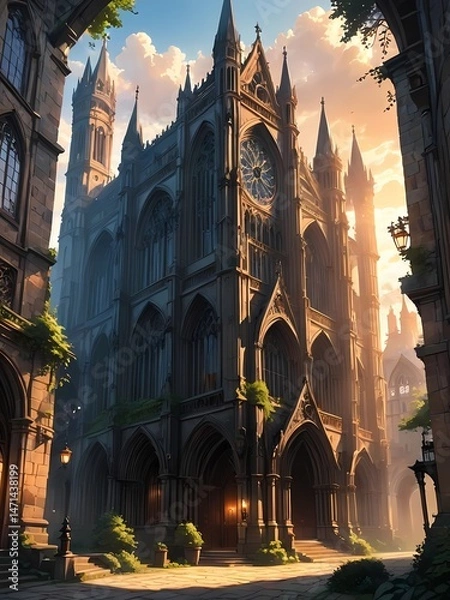 Obraz Gothic cathedral in golden hour light, anime style digital painting with detailed architecture