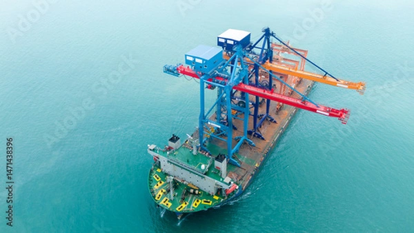 Obraz Aerial view of a heavy lift vessel transporting massive port cranes across turquoise waters. Concept of industrial shipping, maritime logistics, port construction, and oversized cargo transportation.