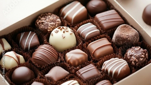 Fototapeta Assorted chocolate candy box close up top down studio shot gourmet sweets gift indulgence cocoa treat