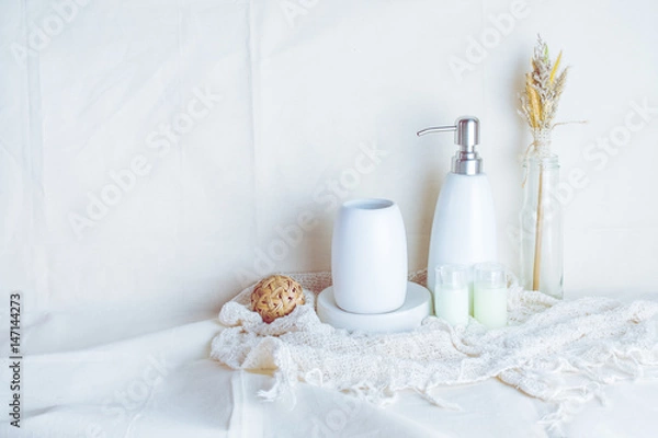 Obraz bathroom accessories on table white background.