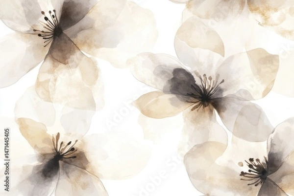 Fototapeta Watercolor floral pattern of delicate flowers in beige and gray tones on white background artistic design