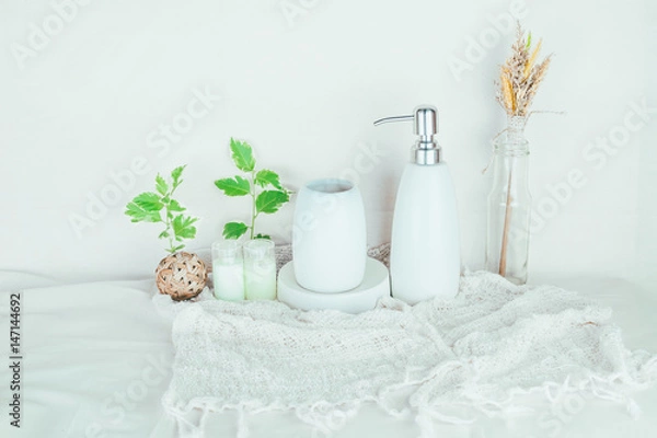 Obraz bathroom accessories on table white background.
